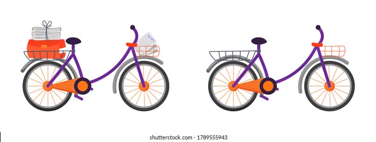 Courier Bicycle Flat Color Vector Object Set. Package Shipping Mean. Bike With Newspapers. Postal Delivery Transportation Isolated Cartoon Illustration For Web Graphic Design And Animation Collection