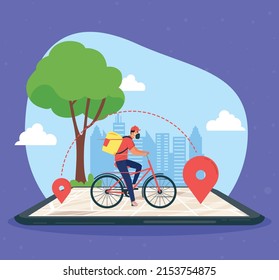 courier in bicycle over smartphone device