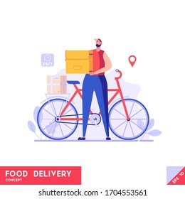 Courier with bike delivering food in box. Food delivery service. Concept of fast delivery, shipping, logistics transport, order tracking. Vector illustration for UI, web banner, mobile app