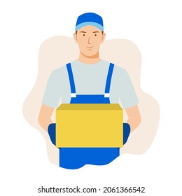 Courier in a blue uniform with a box in his hands. Vector image