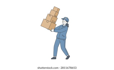 Courier in a blue uniform carries a precarious vertical stack of cardboard boxes for a parcel delivery service.
