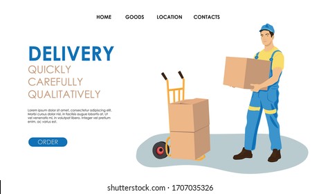 A courier in a blue and yellow uniform. Holds in his hands a cardboard box. Next to it is a cargo cart. Delivery of parcels, items, and cargo. Template for website, landing Radiatorny graphics.Vector 