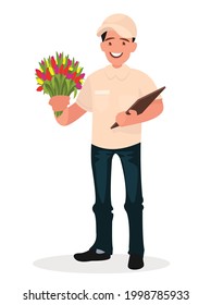 Un mensajero con un ramo. Entrega de flores. Ilustración vectorial en estilo de caricatura