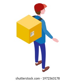 Courier with box, back view. Delivery Service Isometric concept. Fast 24 7 shipping, online food order template banner. Vector illustration 3d isolated