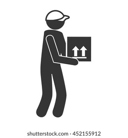 courier with box in black and white colors, vector illustration graphic.