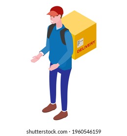 Courier with box, front view. Delivery Service Isometric concept. Fast 24 7 shipping, online food order template banner. Vector illustration 3d isolated