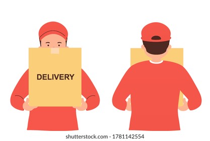 Courier with a box in his hands, free delivery of goods, food. Concept of safe delivery home.