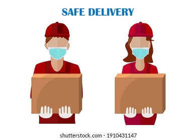 Courier with box isolated on white background. Safe food or merchandise delivery to home. Courier's with face mask hold parcel with goods. Delivery service. Stay home concept.Stock vector illustration
