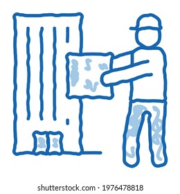 Courier with Box near High-Rise Building sketch icon vector. Hand drawn blue doodle line art Courier with Box near High-Rise Building sign. isolated symbol illustration
