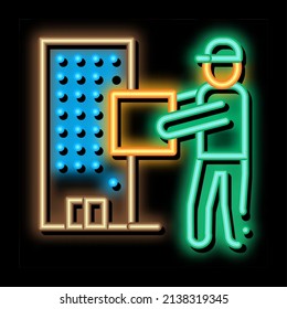 Courier with Box near High-Rise Building neon light sign vector. Glowing bright icon Courier with Box near High-Rise Building sign. transparent symbol illustration
