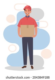 A courier with a box. A young courier in a red hat and uniform. Vector illustration in a flat style.