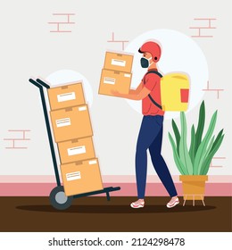 courier with boxes and cart character