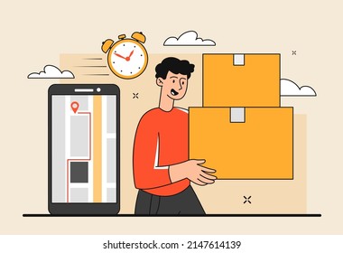 Courier with boxes. Home delivery metaphor, modern service. Character with smartphone looks at address on map. Modern technologies and digital world, online shopping. Cartoon flat vector illustration