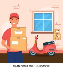 courier with boxes and motorcycle character