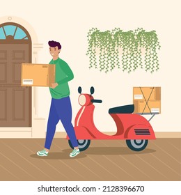 courier with boxes and motorcycle character