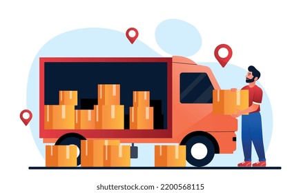 Courier with boxes. Online shopping and fast delivery on home. Warehouse worker. Cargo transportation and logistics. Van driver, loader with goods near vehicle. Cartoon flat vector illustration