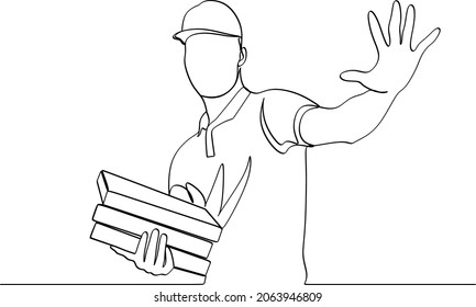 Courier with boxes of pizza. One line drawing of isolated vector object by hand on a white background.