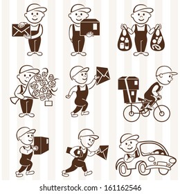 Courier with boxes and vehicles mono coloring icons set / Solid fill set in EPS 8 format