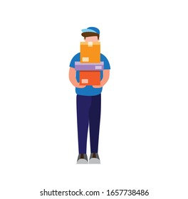 courier boy carry box, online shop delivery to customer in front view cartoon flat illustration vector isolated in white background