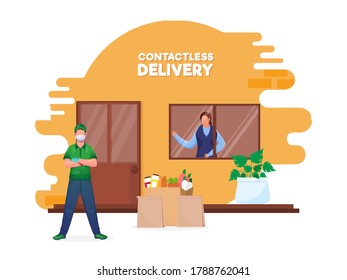 Courier Boy Delivers Grocery Products Near The Contactless Customer At Door For Avoid Coronavirus.