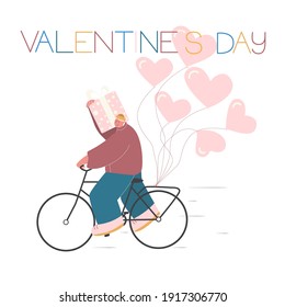 courier boy delivery present and balloons Valentine's day card