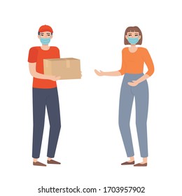 Courier boy in a face mask holding a box. Food or goods delivery during the covid 19 concept. Girl waiting her package. Stock vector illustration in cartoon flat style isolated on white background