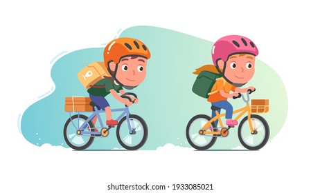 Courier boy, girl cyclists delivering orders by bicycle. Deliveryman persons cycling carrying cardboard boxes, backpacks with goods. Delivery transportation service flat vector illustration