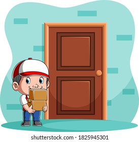 The courier boy holding two boxes and standing near the costumer's door
