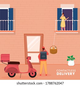 Courier Boy Informs You About Order Delivery Via the Phone to Customer at Door for Contactless Delivery During Coronavirus.