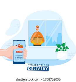 Courier Boy Informs You About Order Delivery From Smartphone For Contactless Delivery During Coronavirus Pandemic.