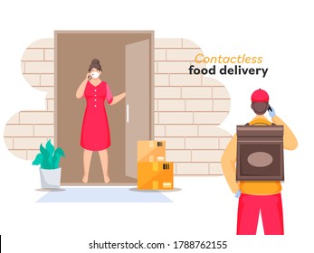 Courier Boy Informs You About Order Delivery from Phone to Customer Woman Standing at Door for Contactless Food Delivery.