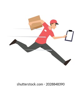 mensajero que ejecuta la caja del paquete de entrega al cliente, símbolo del servicio de entrega expresa cartografía ilustración plana vector aislado en fondo blanco