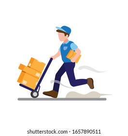 Courier Boy Running Rushing With Trolley Package, Delivery Service Cartoon Flat Illustration Vector