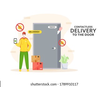Courier Boy wear Protective Mask with Approve Delivered App in Smartphone at Door and Customer Saying Thank You During Coronavirus Pandemic.