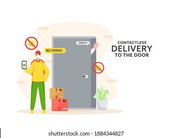 Courier Boy wear Protective Mask with Approve Delivered App in Smartphone at Door and Customer Saying Thank You During Coronavirus Pandemic.