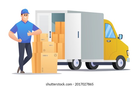 Courier bring packages with delivery truck concept character