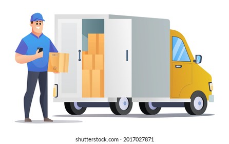 Courier trae paquetes con la ilustración de la camioneta