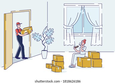 Courier bringing cardboard boxes parcels in living room for female client of delivery. Online purchase shipment or moving house service concept. Linear vector illustration