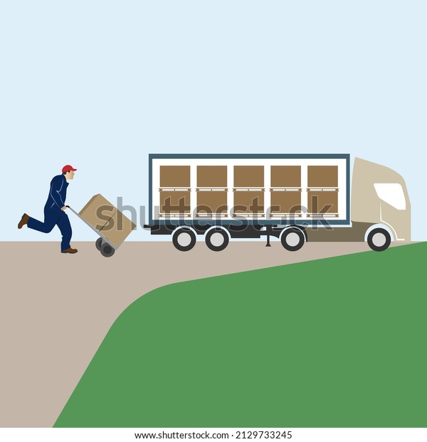 The courier brings the\
parcels to the car. Delivery of bulky parcels by cargo transport.\
Fast parcel delivery service. Design of web icon symbols. Vector\
illustration.