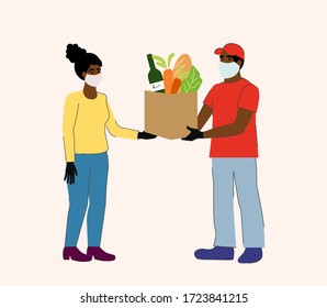 A courier brought a black woman food delivery. both wearing masks and rubber gloves due to the coronovirus. EPS 10