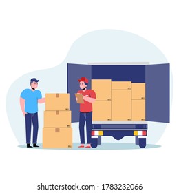 Der Kurier brachte das Paket per LKW zum Kunden. Flache Vektorgrafik