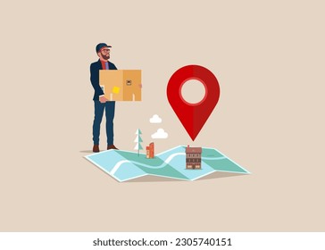Courier brought package. Delivery services. GPS navigator with pointer on place of destination and path. Route and locations marked with pin on paper map. Flat vector illustrations.