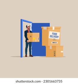 Courier brought package to door. Delivery services. Stay safe concept. Flat vector illustration.