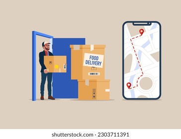 Courier brought package to door. Mobile phone with tracker. Delivery services. Stay safe concept. Flat vector illustration.