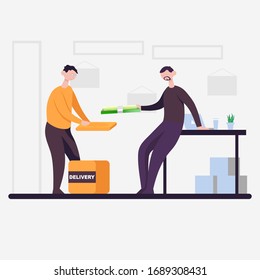The courier brought the package pizza and man pays banknote. Flat cartoon vector color illustration for web. Concept for online shopping stay home