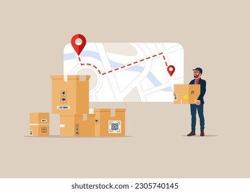 Courier brought package. Tablet with tracker, map with delivery tracking. GPS navigator pointer. Delivery services. Stay safe concept. Flat vector illustration.