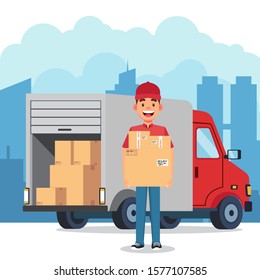 The Courier Brought The Parcel By Car In The City Vector Illustrations
