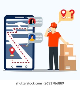 Kurier rufen Kunden mit einem Smartphone an, um nach der Adresse und dem Ort zu fragen, an dem die Paketbox geliefert werden soll. Bestätigung für das Online-Shopping-Konzept. 