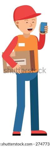 Courier call on phone. Postman box delivery icon