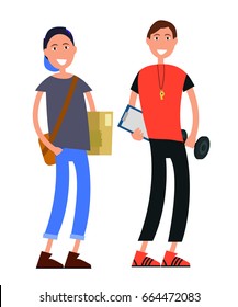 Courier in cap, with bag and box and coach in sportsuit with whistle, notepad and barbell isolated on white background vector illustration.